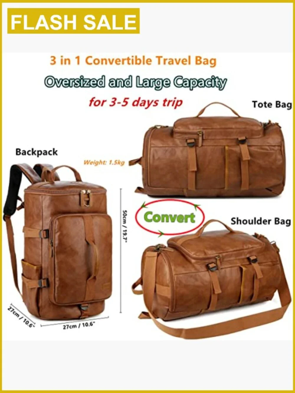 Men's Vegan Leather Travel Duffel Backpack 3-Ways Convertible Weekender Bag